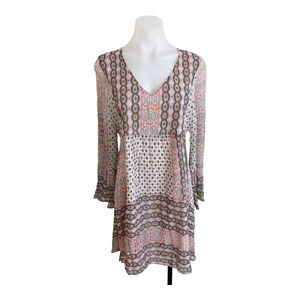 Rebecca Minkoff Size Medium Redland Shift Mini Dress Pink Geometric Long Sleeves